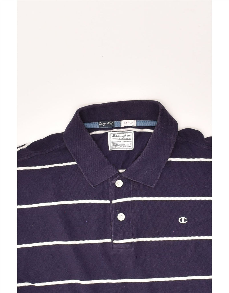 CHAMPION Mens Easy Fit Polo Shirt Large Navy Blue Striped | Vintage Champion | Thrift | Second-Hand Champion | Used Clothing | Messina Hembry 