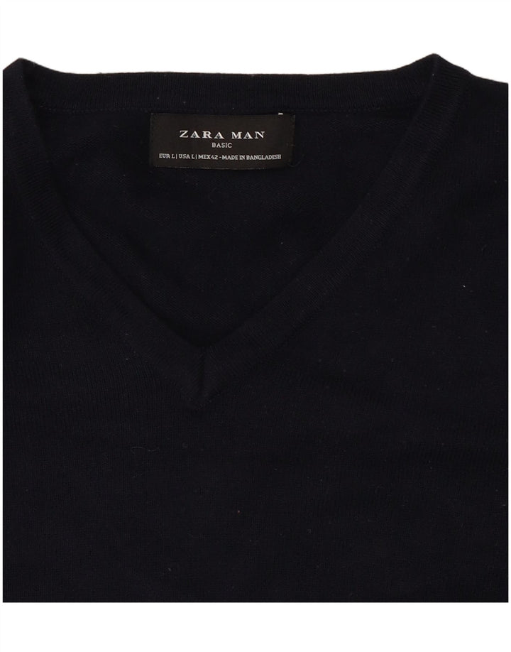 Zara Mens V-Neck Jumper Sweater Large Navy Blue