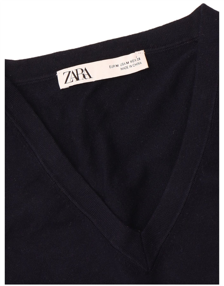 ZARA Womens Crop V-Neck Jumper Sweater UK 12 Medium Navy Blue