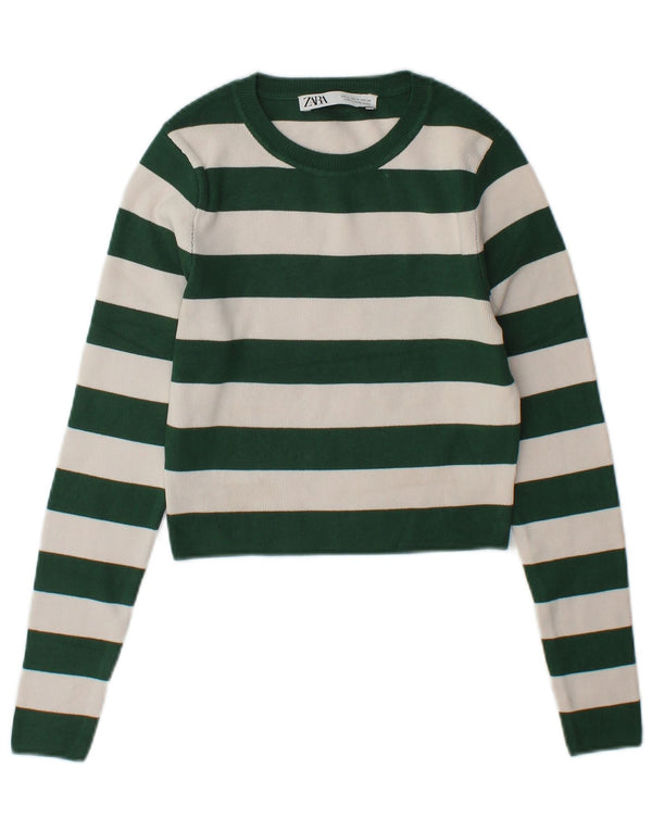 Zara Womens Crop Boat Neck Jumper Sweater UK 12 Medium Green Striped