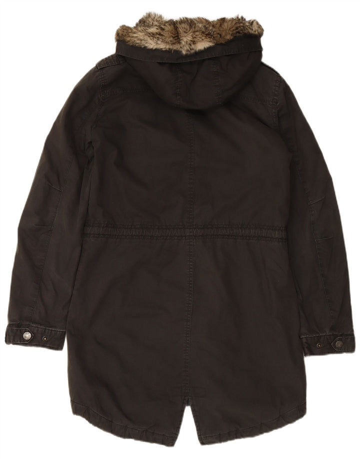 FAT FACE Womens Hooded Parka Jacket UK 8 Small Black Cotton