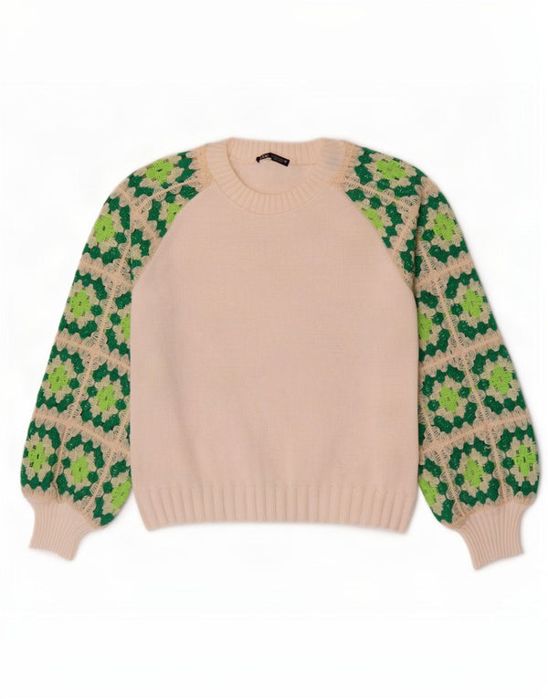 Zara Womens Boat Neck Jumper Sweater UK 10 Small White Geometric