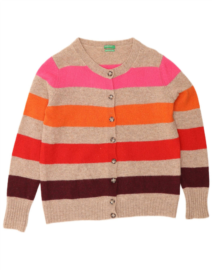 Benetton Womens Cardigan Sweater UK 16 Large Grey Striped Wool