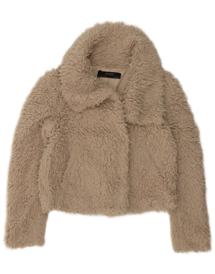Zara Womens Oversized Crop Teddy Bear Jacket UK 10 Small Beige Polyester