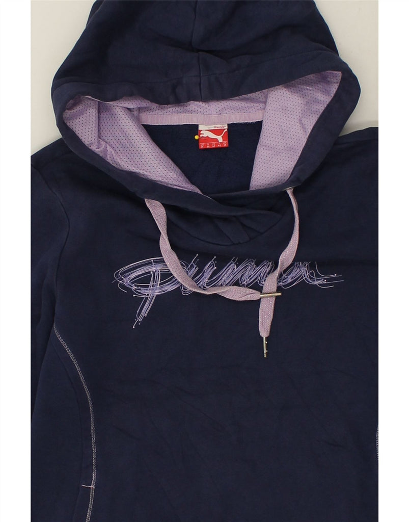 PUMA Womens Graphic Hoodie Jumper UK 12 Medium Navy Blue Cotton | Vintage Puma | Thrift | Second-Hand Puma | Used Clothing | Messina Hembry 