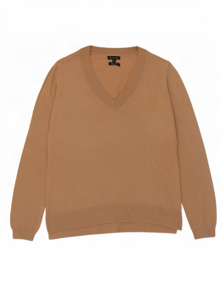 Massimo Dutti Womens V-Neck Jumper Sweater UK 12 Medium Beige Wool