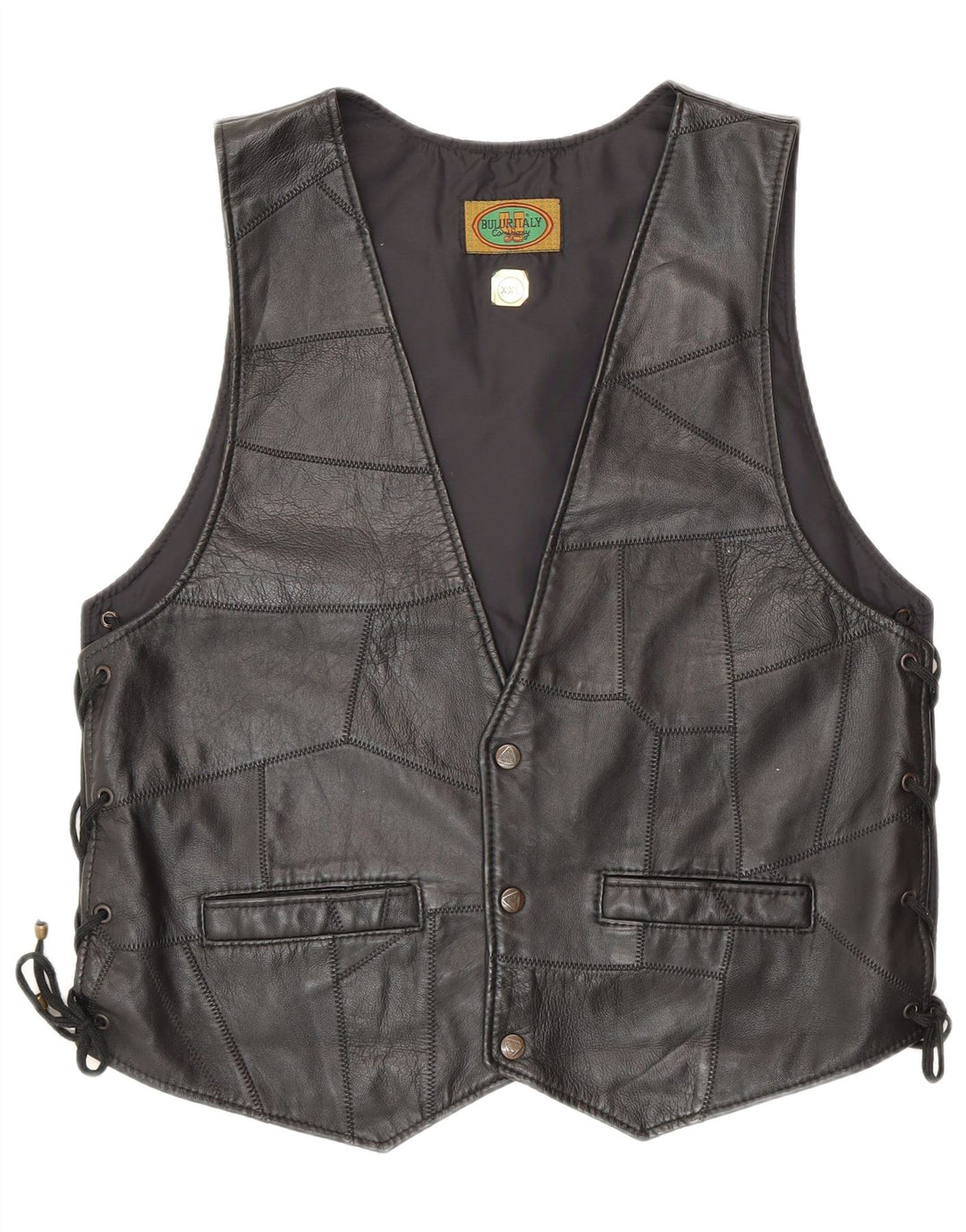 Vintage Womens Leather Waistcoat 2XL Black Patchwork Biker