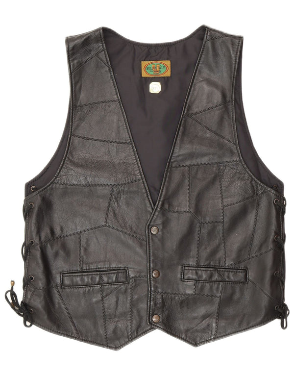 Vintage Womens Leather Waistcoat 2XL Black Patchwork Biker