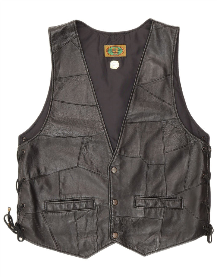 Vintage Womens Leather Waistcoat 2XL Black Patchwork Biker