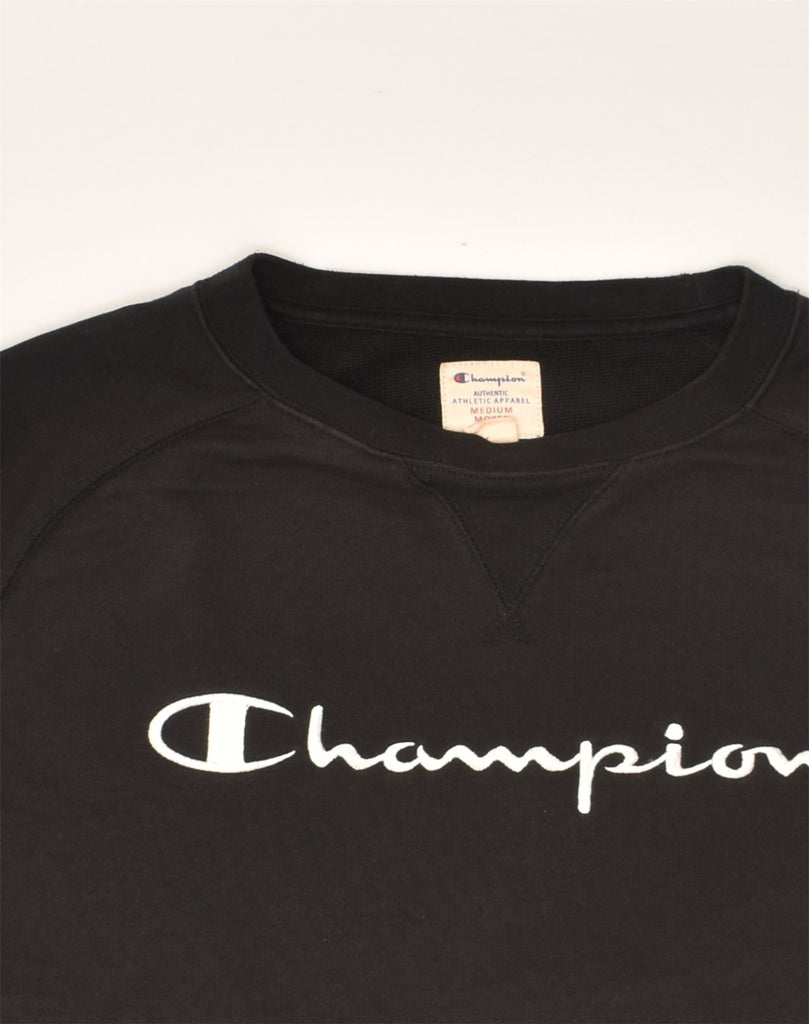 CHAMPION Mens Graphic Sweatshirt Jumper Medium Black Cotton | Vintage Champion | Thrift | Second-Hand Champion | Used Clothing | Messina Hembry 