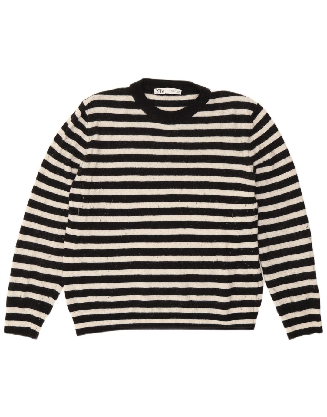 Zara Womens Crew Neck Jumper Sweater UK 14 Medium Black Striped Polyamide