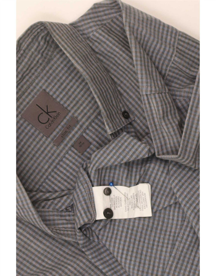 Calvin Klein Mens Slim Fit Shirt Size 39 15 1/2 Medium Blue Gingham Cotton