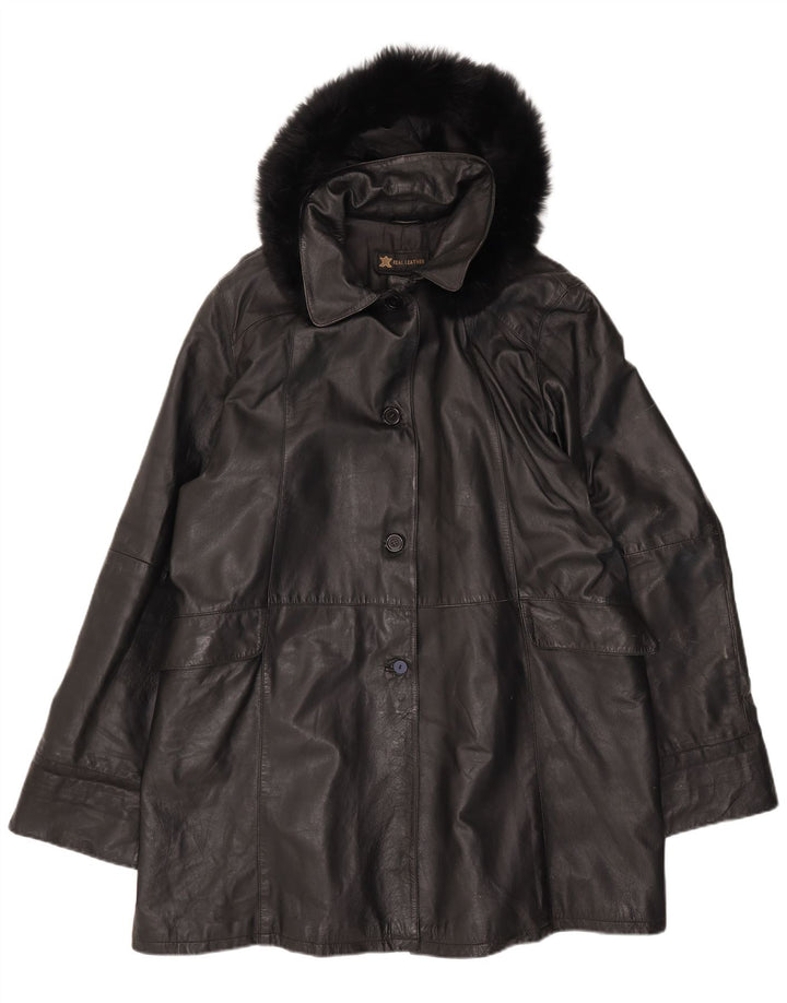Vintage Womens Hooded Leather Coat IT 54 3XL Black Leather