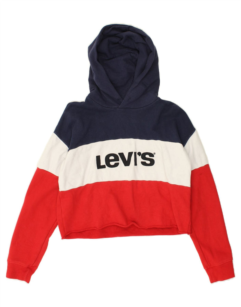 LEVI'S Womens Crop Graphic Hoodie Jumper UK 10 Small Red Colourblock | Vintage Levi's | Thrift | Second-Hand Levi's | Used Clothing | Messina Hembry 