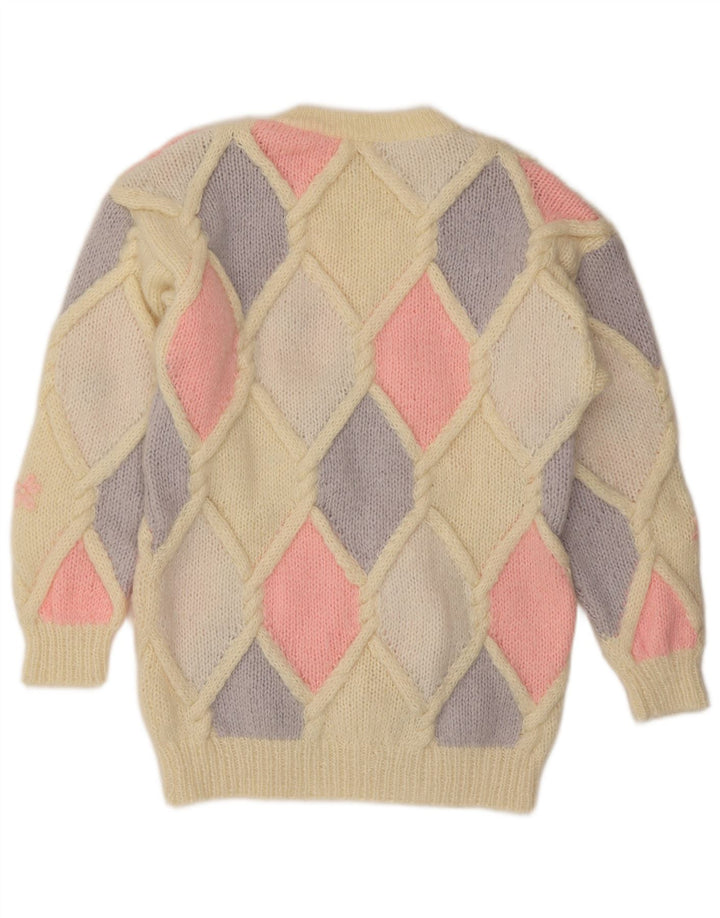 Vintage Womens Crew Neck Jumper Sweater UK 14 Medium Beige Argyle/Diamond