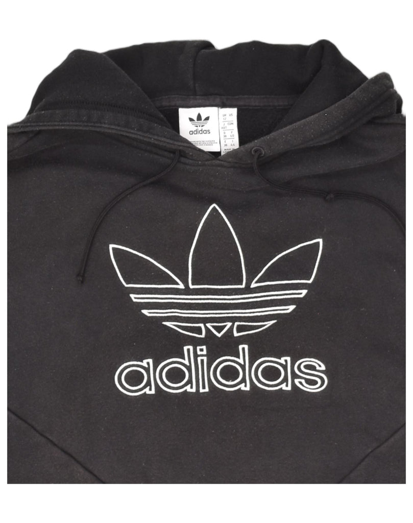 ADIDAS Womens Crop Graphic Hoodie Jumper UK 12 Medium Black Cotton | Vintage Adidas | Thrift | Second-Hand Adidas | Used Clothing | Messina Hembry 