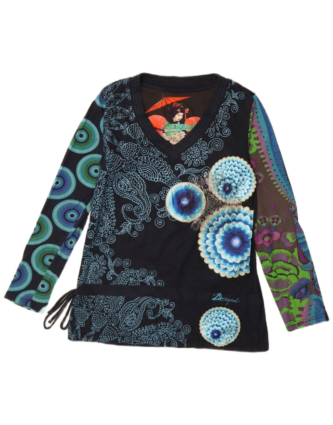 Desigual Womens Graphic Top Long Sleeve UK 18 XL Navy Blue Patchwork