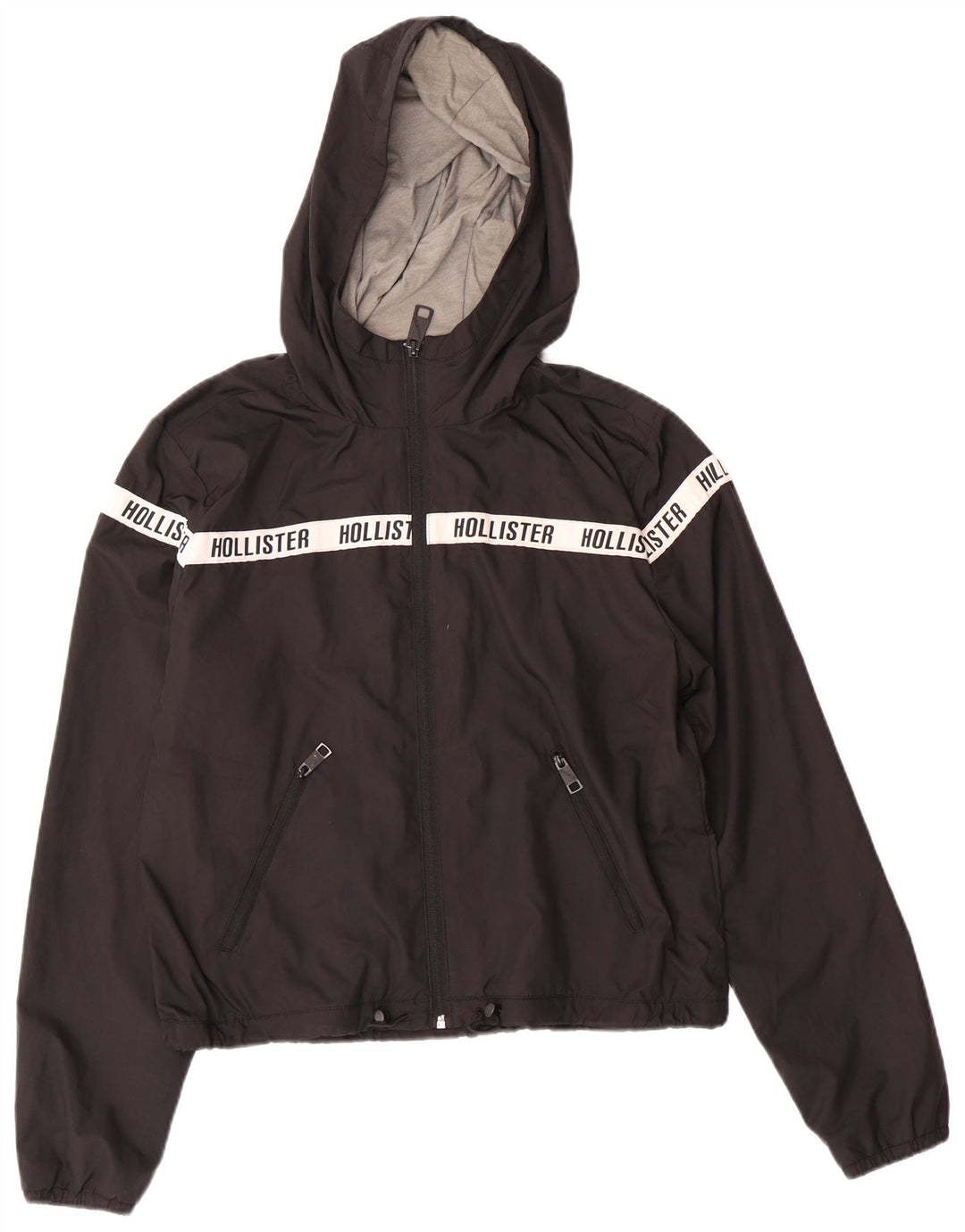 HOLLISTER Womens Graphic Hooded Windbreaker Jacket UK 14 Medium Black
