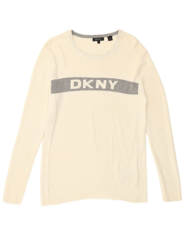 Dkny Mens Graphic Boat Neck Jumper Sweater Medium White Colourblock Cotton
