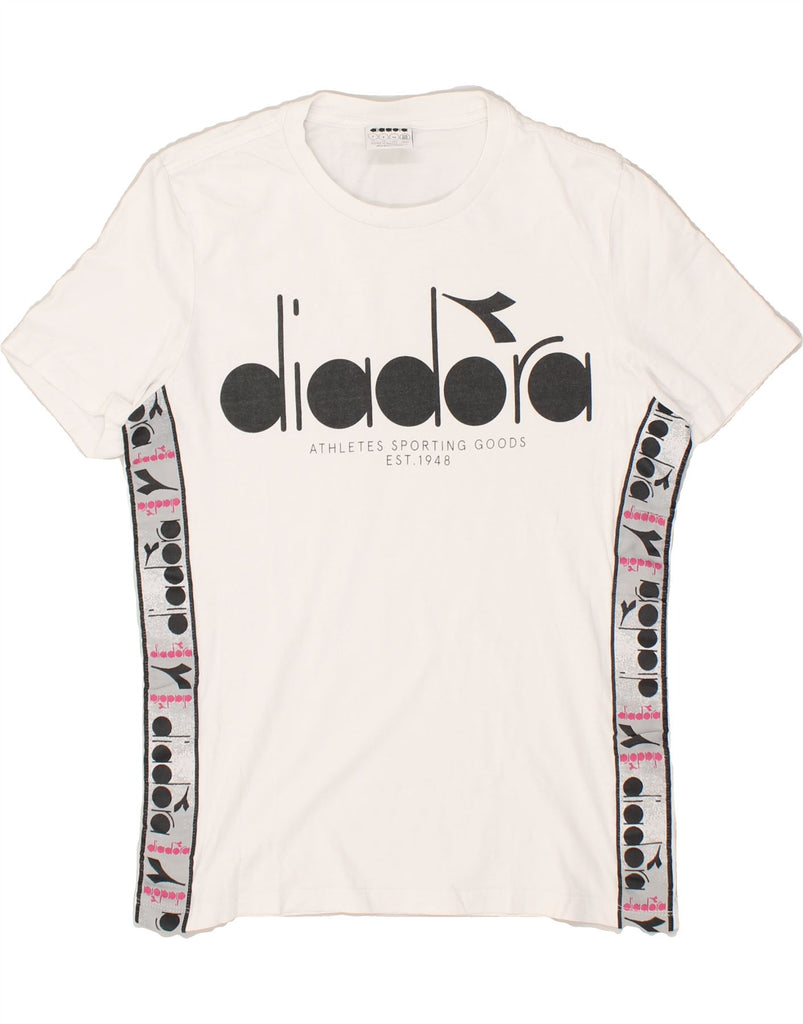 DIADORA Womens Loose Fit Graphic T-Shirt Top UK 10 Small White Cotton | Vintage Diadora | Thrift | Second-Hand Diadora | Used Clothing | Messina Hembry 