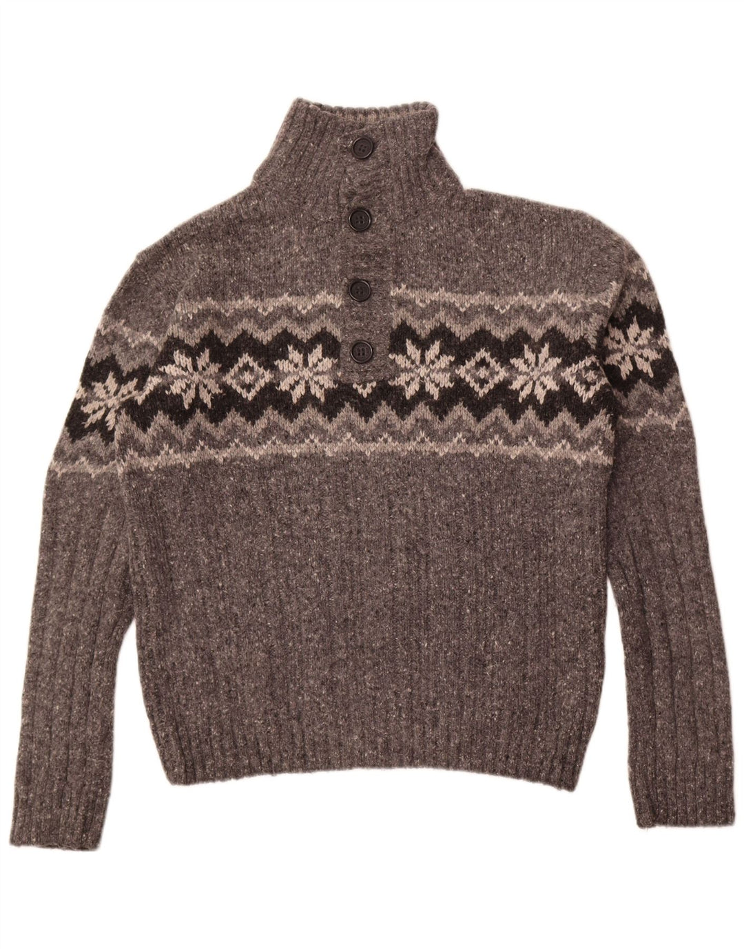 Marks & Spencer Mens Button Neck Jumper Sweater Large Grey Fair Isle Wool