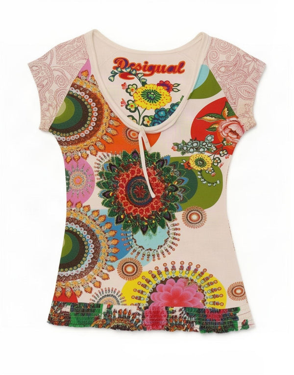 Desigual Womens Graphic T-Shirt Top UK 12 Medium Multicoloured Floral