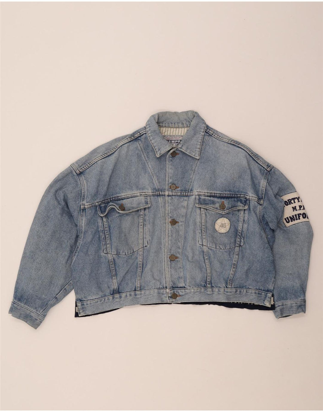 UNIFORM Womens Crop Graphic Denim Jacket UK 14 Large Blue