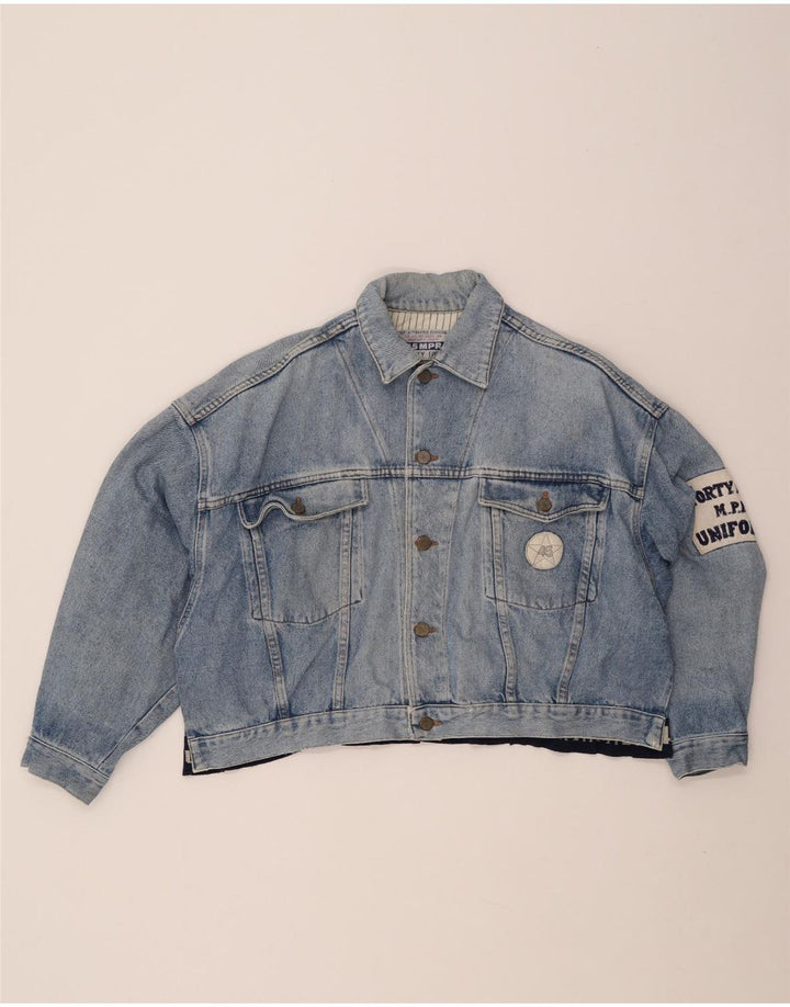 UNIFORM Womens Crop Graphic Denim Jacket UK 14 Large Blue