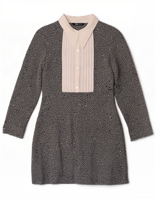 Zara Womens 3/4 Sleeve Sheath Dress UK 6 XS Grey Flecked Cotton