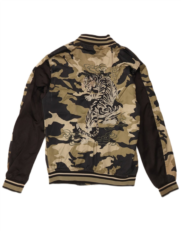Zara Mens Graphic Bomber Jacket UK 38 Medium Khaki Camouflage Polyester