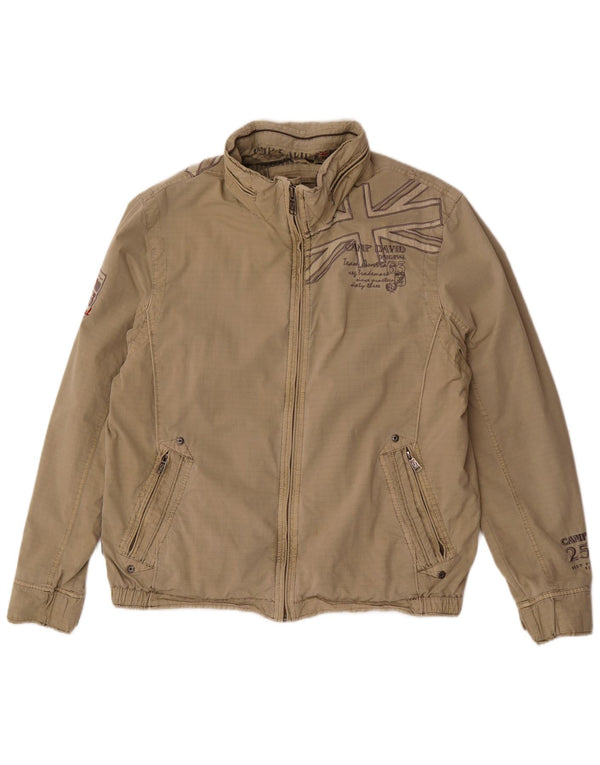 Camp David Mens Graphic Hooded Bomber Jacket UK 42 XL Beige Striped Cotton