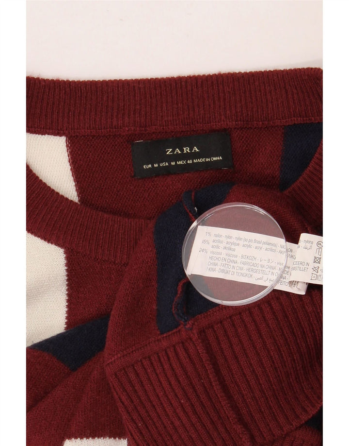 ZARA Mens Crew Neck Jumper Sweater Medium Burgundy Striped Nylon