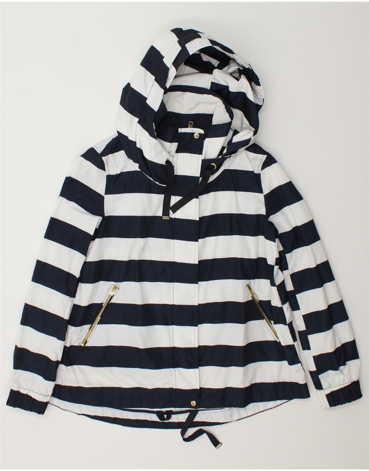 ZARA Womens Hooded Rain Jacket UK 14 Medium Navy Blue Striped Polyester Vintage Zara and Second-Hand Zara from Messina Hembry 