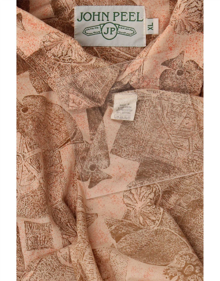 John Peel Mens Abstract Pattern Short Sleeve Shirt XL Beige Polyester