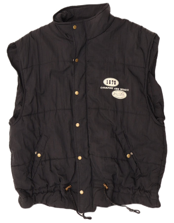 Vintage Mens Graphic Hooded Padded Gilet UK 40 Large Black Nylon Sports