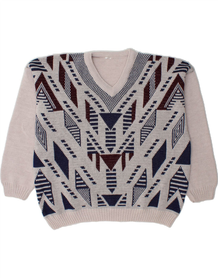 VINTAGE Mens V-Neck Jumper Sweater XL Grey Geometric Vintage Vintage and Second-Hand Vintage from Messina Hembry 