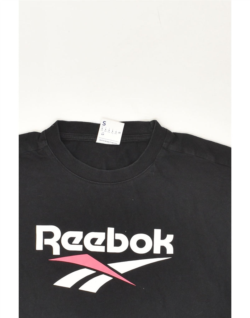 REEBOK Womens Oversized Crop Graphic T-Shirt Top UK 8/10 Small Black | Vintage Reebok | Thrift | Second-Hand Reebok | Used Clothing | Messina Hembry 