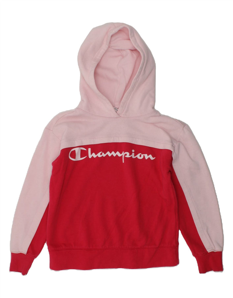 CHAMPION Girls Graphic Hoodie Jumper 7-8 Years Small Red Colourblock | Vintage Champion | Thrift | Second-Hand Champion | Used Clothing | Messina Hembry 