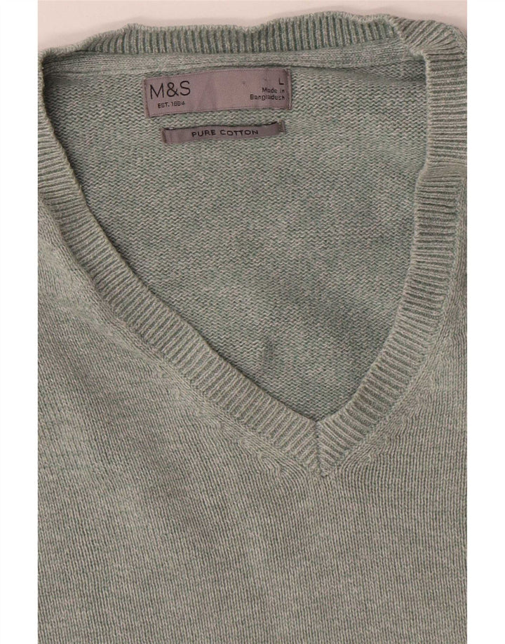 Marks & Spencer Mens V-Neck Jumper Sweater Large Green Cotton