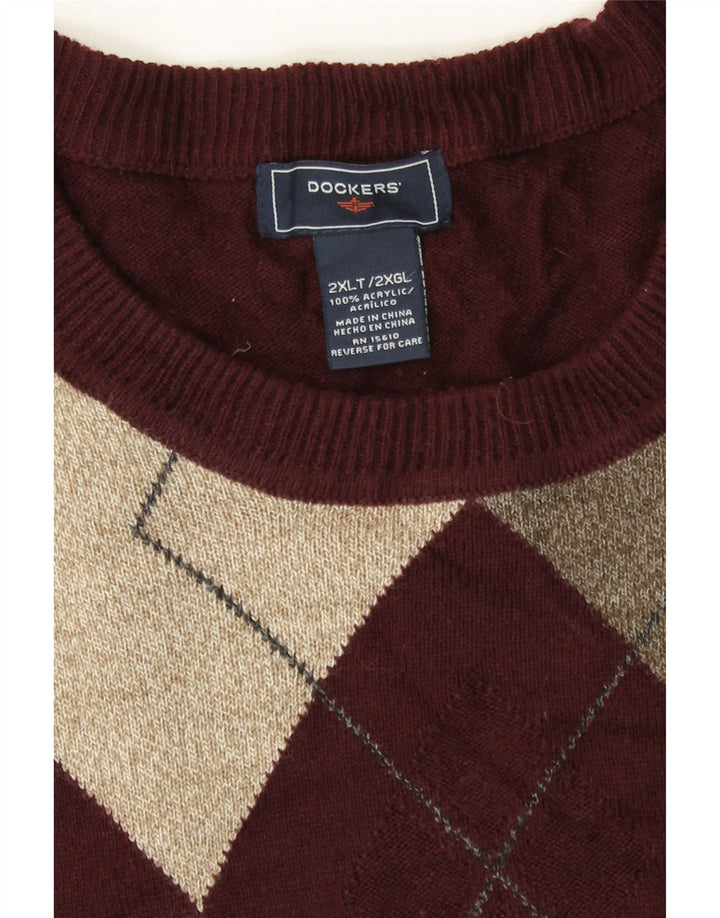 DOCKERS Mens Crew Neck Jumper Sweater 2XL Maroon Argyle/Diamond Acrylic Vintage Dockers and Second-Hand Dockers from Messina Hembry 