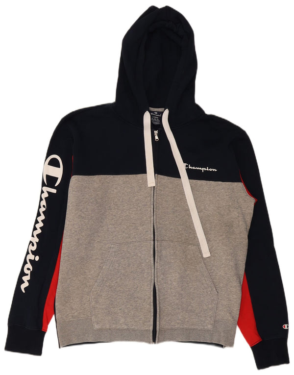 Champion Mens Graphic Zip Hoodie Sweater Large Navy Blue Colourblock Cotton