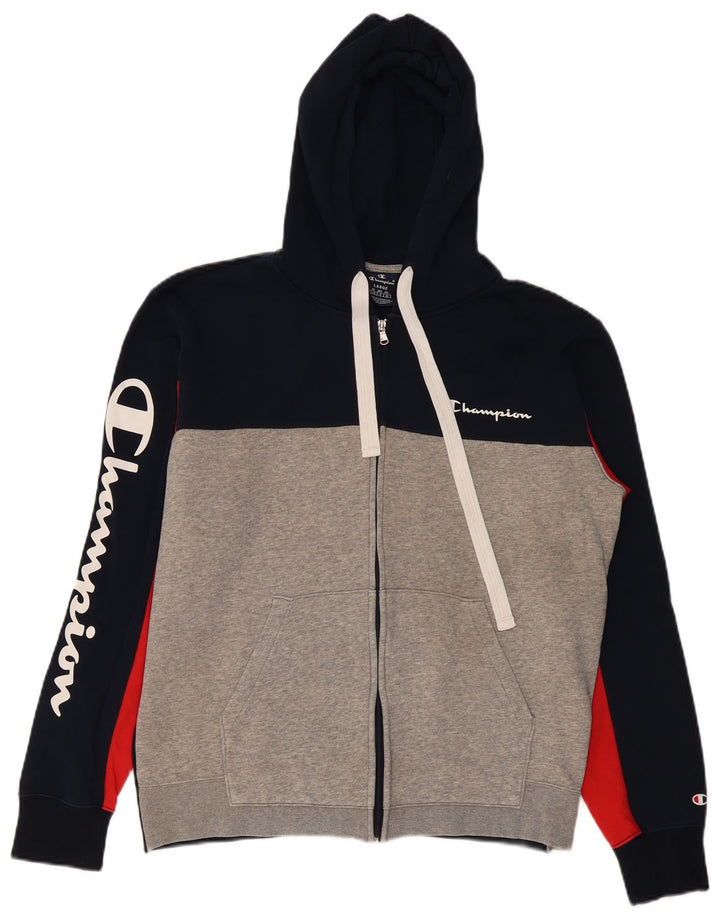 Champion Mens Graphic Zip Hoodie Sweater Large Navy Blue Colourblock Cotton