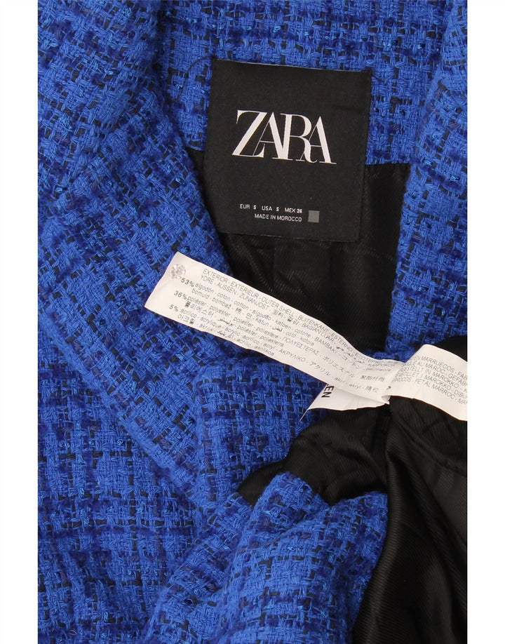 Zara Womens 2 Button Blazer Jacket UK 10 Small Blue Check Cotton