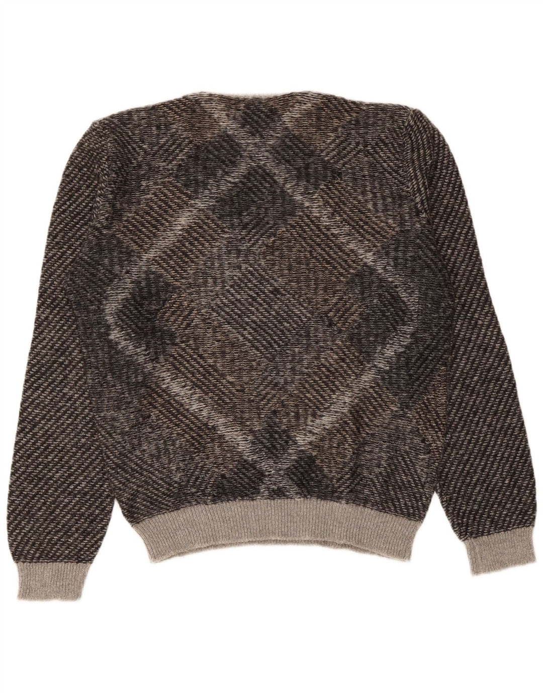 Benetton Mens V-Neck Jumper Sweater Large Brown Geometric Acrylic