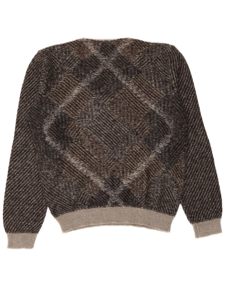 Benetton Mens V-Neck Jumper Sweater Large Brown Geometric Acrylic