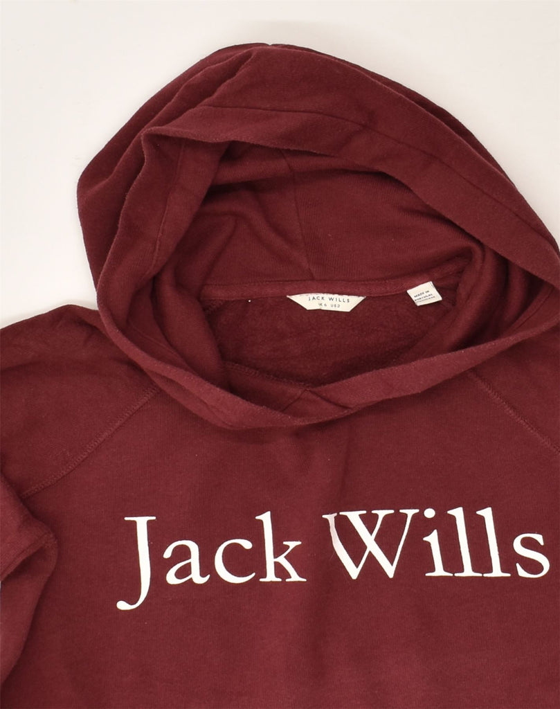 JACK WILLS Womens Loose Fit Graphic Hoodie Jumper UK 6 XS  Burgundy Cotton | Vintage Jack Wills | Thrift | Second-Hand Jack Wills | Used Clothing | Messina Hembry 