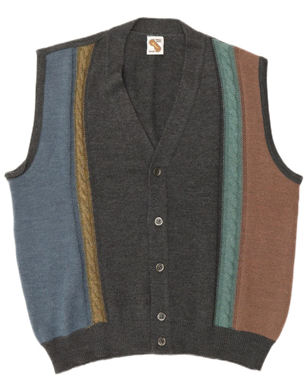 Vintage Mens Sleeveless Cardigan Sweater IT 52 Large Grey Colourblock