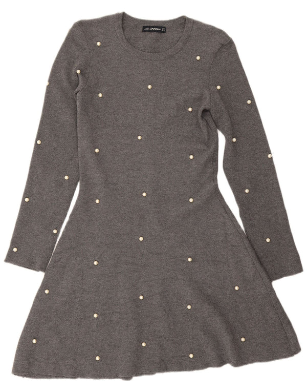 Zara Womens Long Sleeve Jumper Dress UK 12 Medium Grey Spotted Viscose