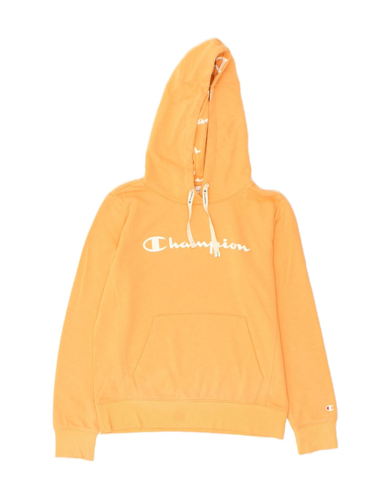 CHAMPION Womens Graphic Hoodie Jumper UK 14 Medium Yellow | Vintage Champion | Thrift | Second-Hand Champion | Used Clothing | Messina Hembry 