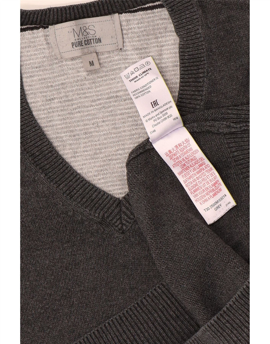 Marks & Spencer Mens V-Neck Jumper Sweater Medium Grey Cotton